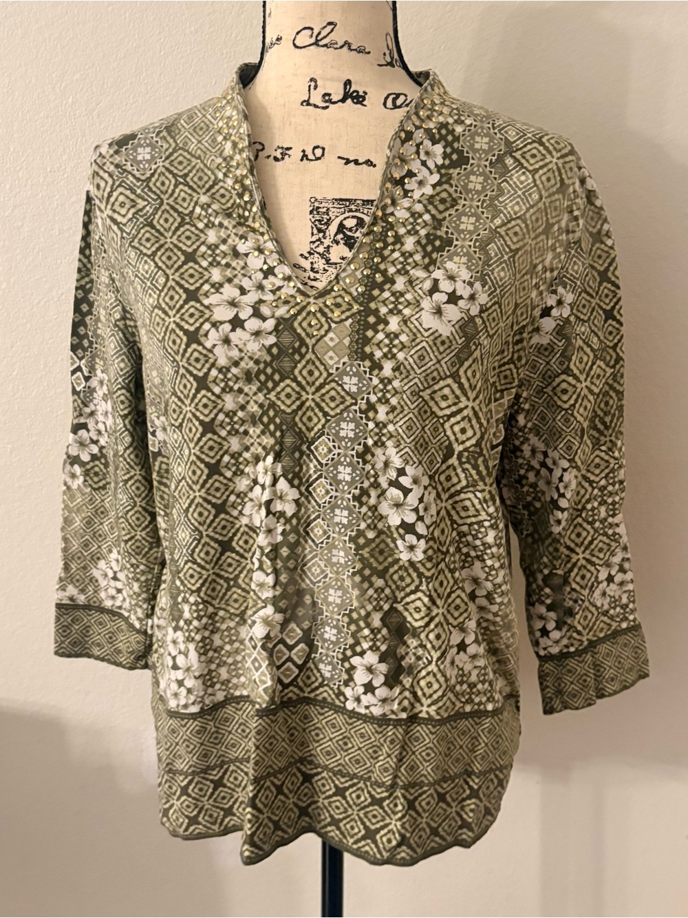 Ruby Rd. Olive & White Floral Geometric V-Neck Tunic